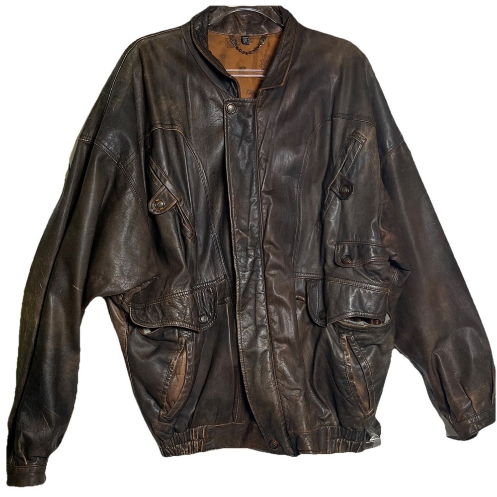 Echtes Leder Vintage Mens XL Distressed Brown Leather Bomber‎ Jacket Italy